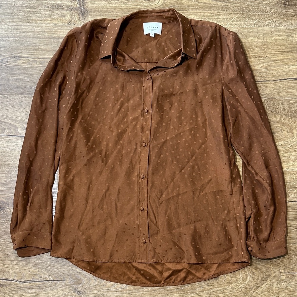 Sezane 100% Silk Tonal Dot Button Down  Toffee Brown Size 38